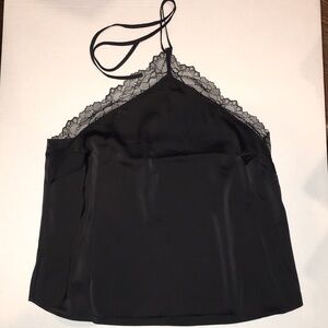 H&M Black Satin Strappy Top with Lace Accent | Size M
